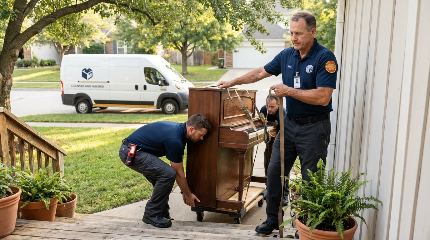 Licensed piano movers securing grand piano in Minersville, PA