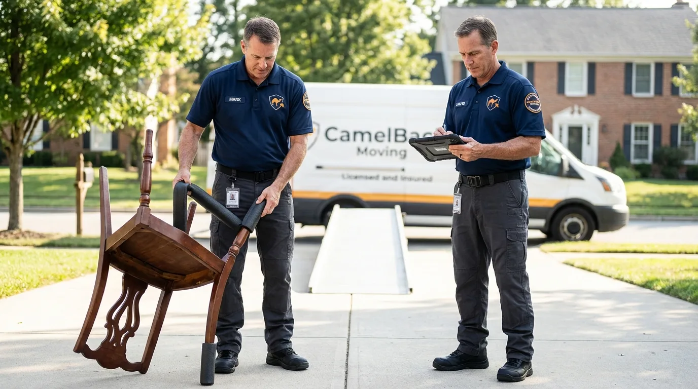 Movers inspecting furniture for damage prevention before loading in Minersville, PA