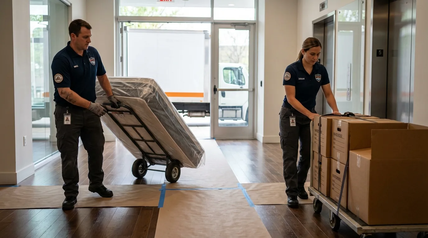 Professional apartment movers loading elevator in Minersville, PA