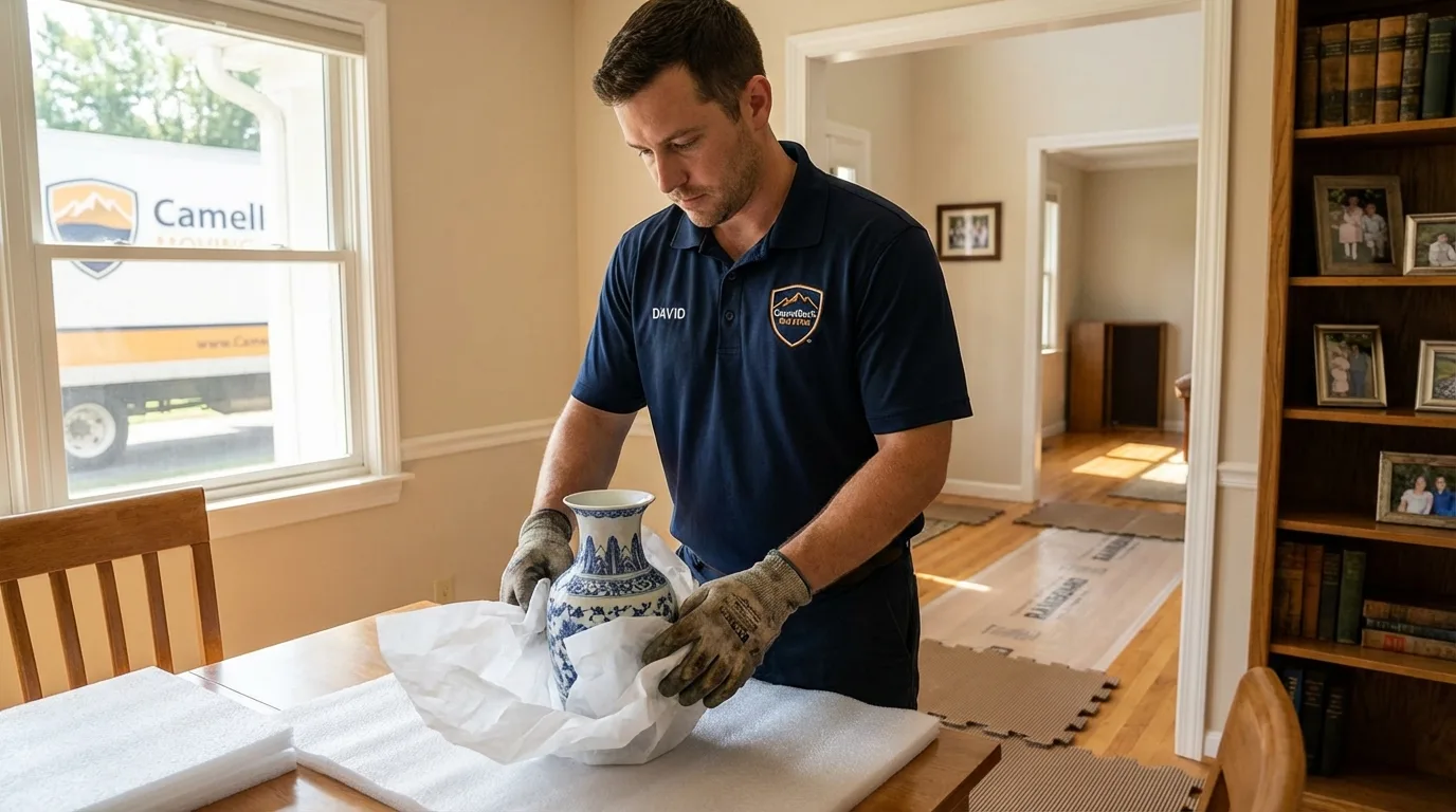 Professional crew carefully wrapping antique vase for senior downsizing move in Minersville, PA
